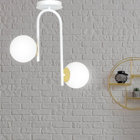 Espoo curved white and gold ceiling lamp with 2 glass white bulbs E14