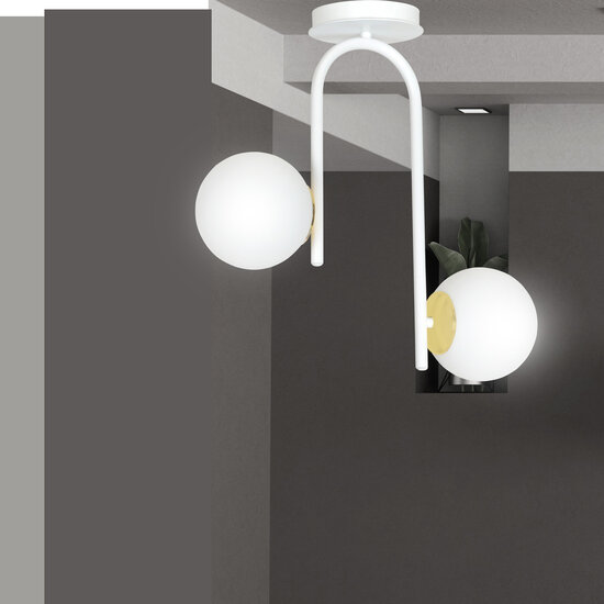 Espoo curved white and gold ceiling lamp with 2 glass white bulbs E14