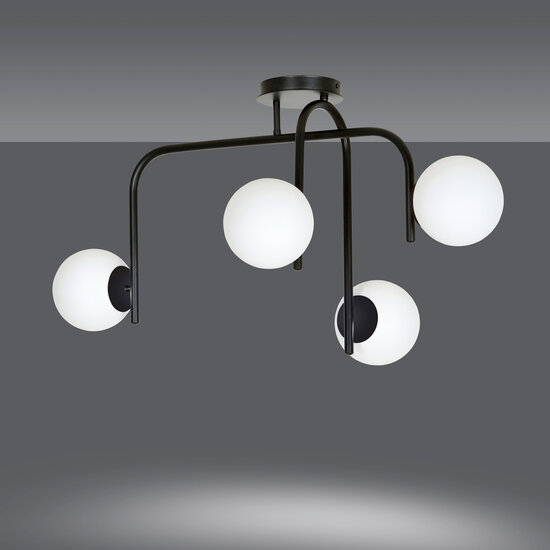 Helsingfors speciale zwarte plafondlamp met gebogen armen en 4x E14 in een witte bol