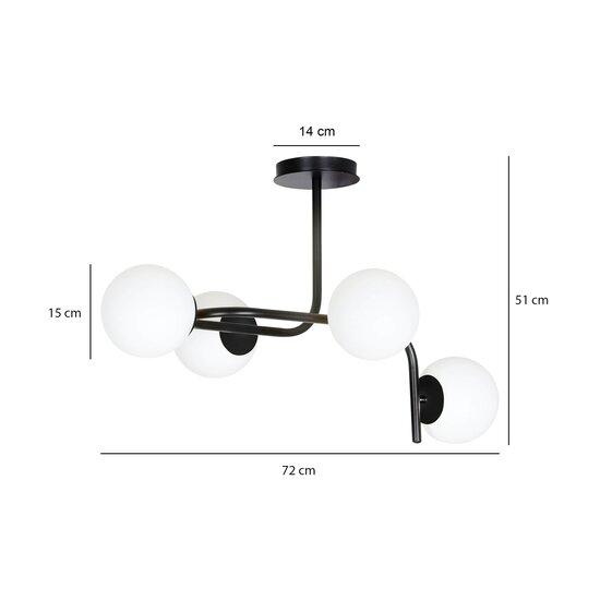 Emibig Emibig Helsingfors grote zwarte plafondlamp met gebogen armen en 4x E14 in een witte bol - Perfecte verlichting voor elke ruimte