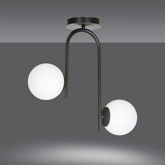 Helsingfors curved black ceiling lamp with 2 white glass bulbs E14