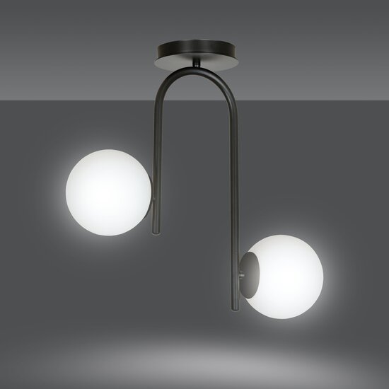 Helsingfors curved black ceiling lamp with 2 white glass bulbs E14