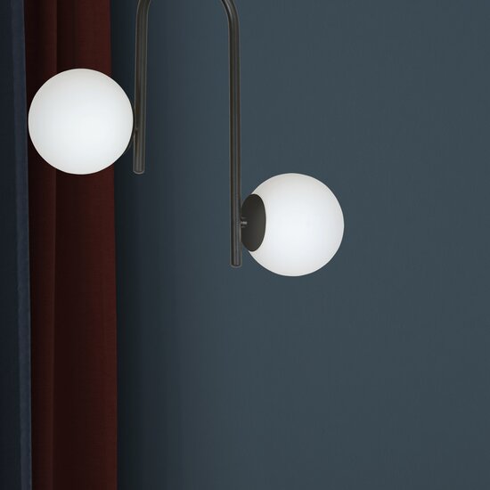 Helsingfors curved black ceiling lamp with 2 white glass bulbs E14