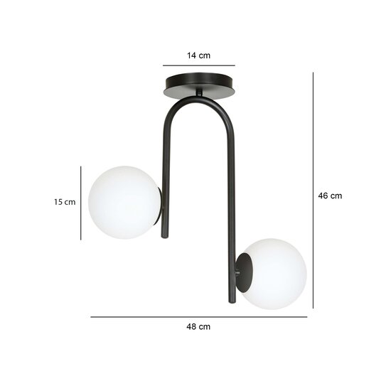 Helsingfors curved black ceiling lamp with 2 white glass bulbs E14