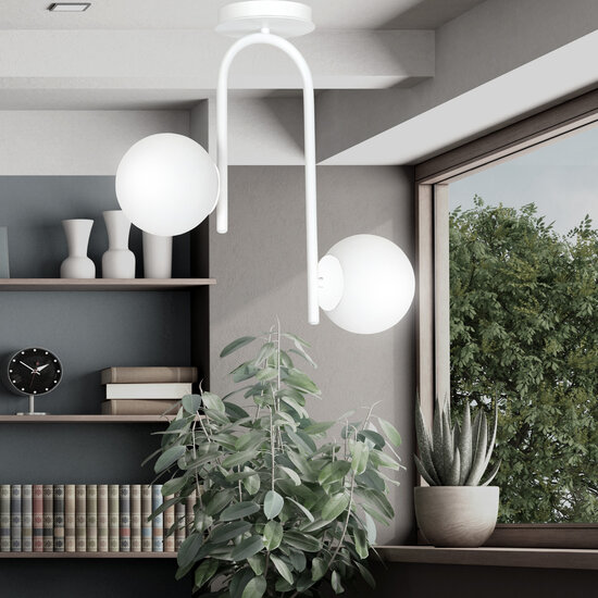 Helsinki curved white ceiling lamp with 2 glass white bulbs E14