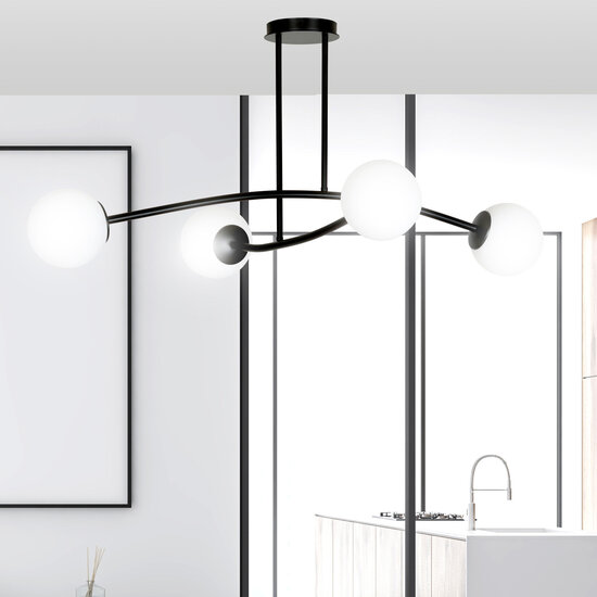 Lemvig eenvoudige pendellamp zwart met wit glas 4 lampen E14