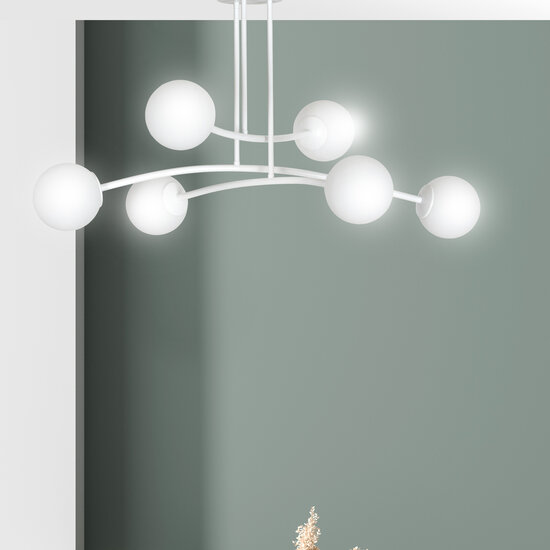 Lemvig witte design hanglamp met wit glas 6 lampen E14