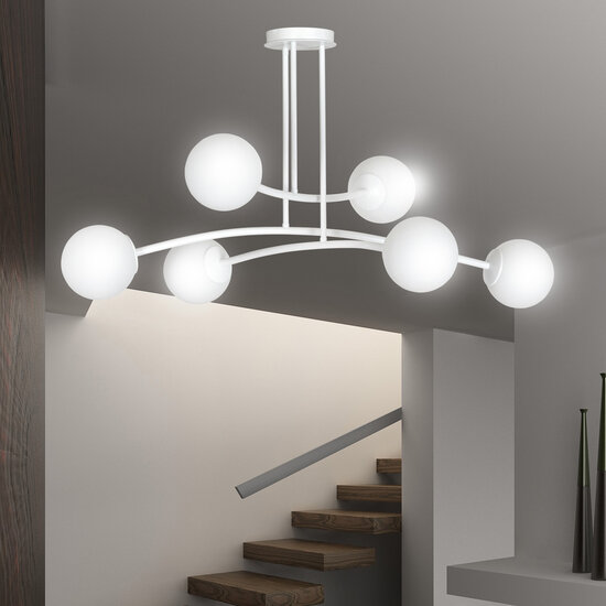 Lemvig witte design hanglamp met wit glas 6 lampen E14