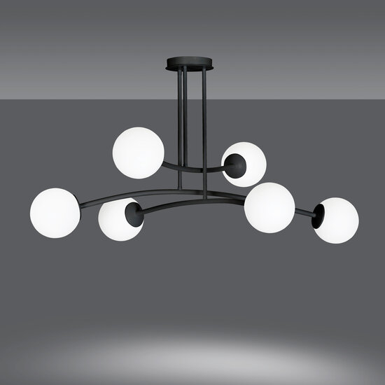 Lemvig design pendellamp zwart met wit glas 6 lampen E14