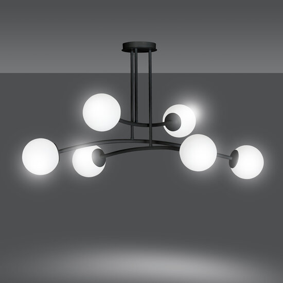 Lemvig design pendellamp zwart met wit glas 6 lampen E14