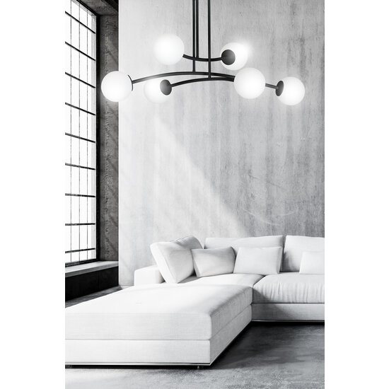 Lemvig design pendellamp zwart met wit glas 6 lampen E14
