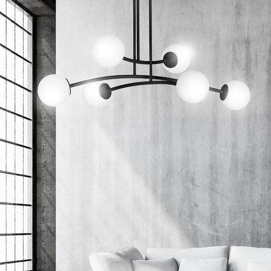 Lemvig design pendellamp zwart met wit glas 6 lampen E14