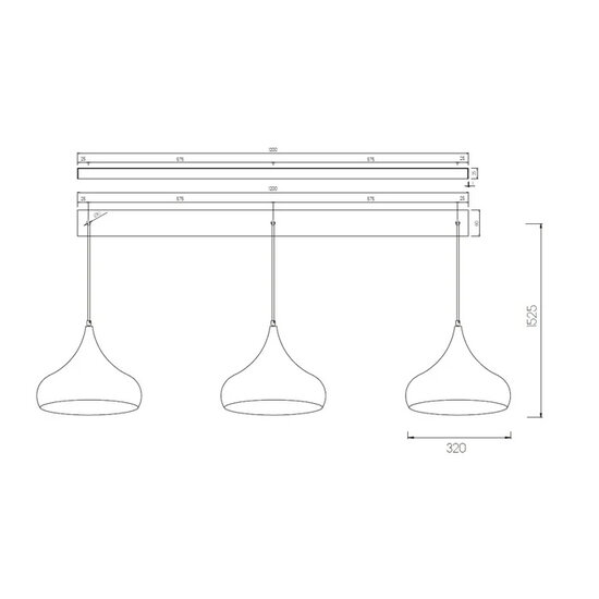 Attraktive lange (120 cm) Hängelampe, 3 schwarze Tropfen, jeweils 32 cm breit
