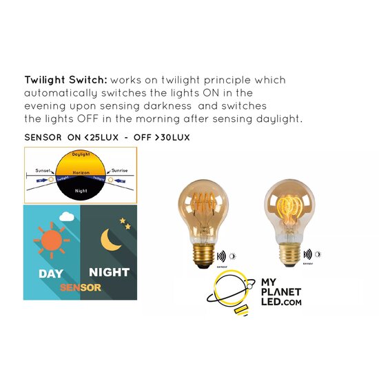 A60 SENSOR CREPÚSCULO Lámpara de Filamento exterior LED E27 4W 2200K Ámbar