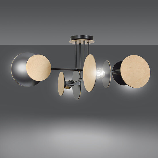 Turku uitzonderlijke plafondlamp zwart met hout 4X E27