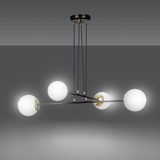 Oulu zwart met messing hanglamp en wit glas 4x E14