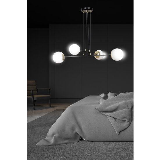 Oulu zwart met messing hanglamp en wit glas 4x E14