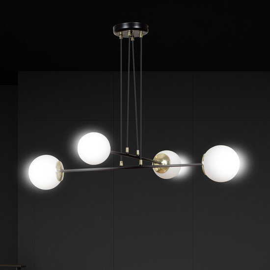 Oulu zwart met messing hanglamp en wit glas 4x E14