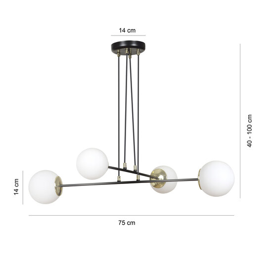 Oulu zwart met messing hanglamp en wit glas 4x E14