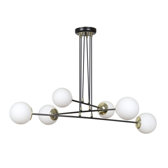 Oulu grote zwarte hanglamp met messing en 6 witte glazen bollen E14