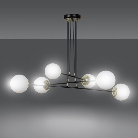 Oulu grote zwarte hanglamp met messing en 6 witte glazen bollen E14