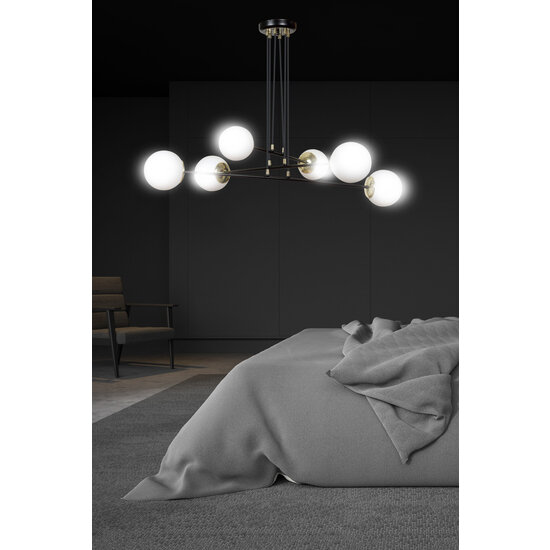 Emibig Emibig Oulu grote zwarte hanglamp met messing en 6 witte glazen bollen E14 - Perfect voor een stijlvolle verlichting in uw interieur