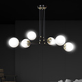 Oulu grote zwarte hanglamp met messing en 6 witte glazen bollen E14