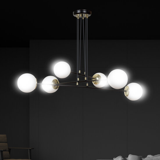 Oulu grote zwarte hanglamp met messing en 6 witte glazen bollen E14