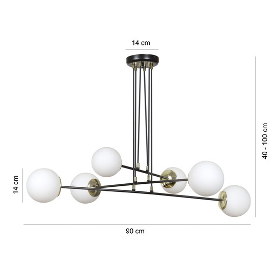 Oulu large black hanging lamp with brass and 6 white glass bulbs E14