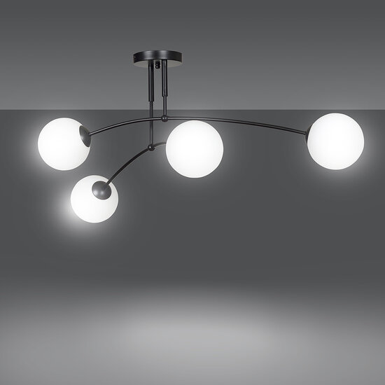 Plafonnier double courbé Lahti noir avec 4 ampoules E14 en verre blanc