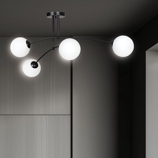 Lahti dubbele gebogen plafondlamp zwart met 4 x E14 wit glazen bol