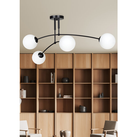 Plafonnier double courbé Lahti noir avec 4 ampoules E14 en verre blanc