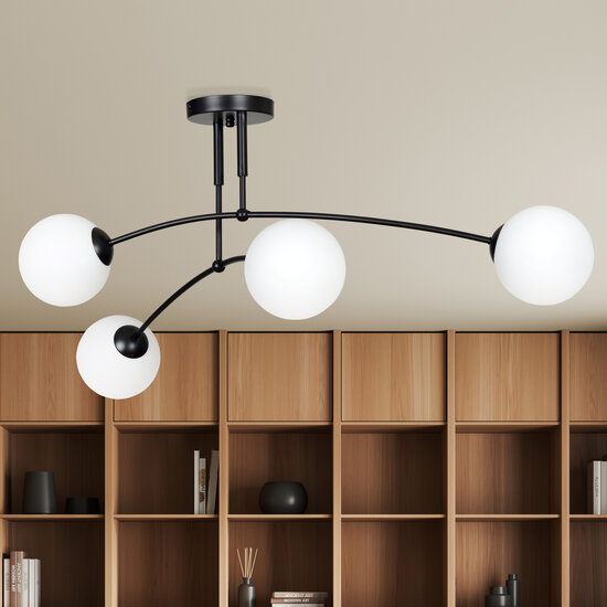 Plafonnier double courbé Lahti noir avec 4 ampoules E14 en verre blanc