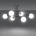 Plafonnier triple courbé Lahti noir avec 6 ampoules E14 en verre blanc