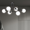 Plafonnier triple courbé Lahti noir avec 6 ampoules E14 en verre blanc