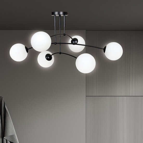 Lahti triple gebogen plafondlamp zwart met 6 x E14 wit glazen bol