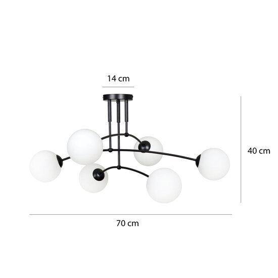 Lahti triple gebogen plafondlamp zwart met 6 x E14 wit glazen bol