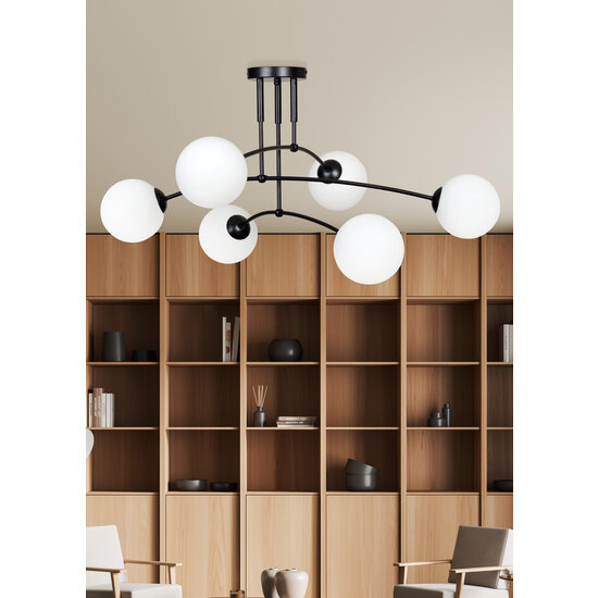 Lahti triple gebogen plafondlamp zwart met 6 x E14 wit glazen bol