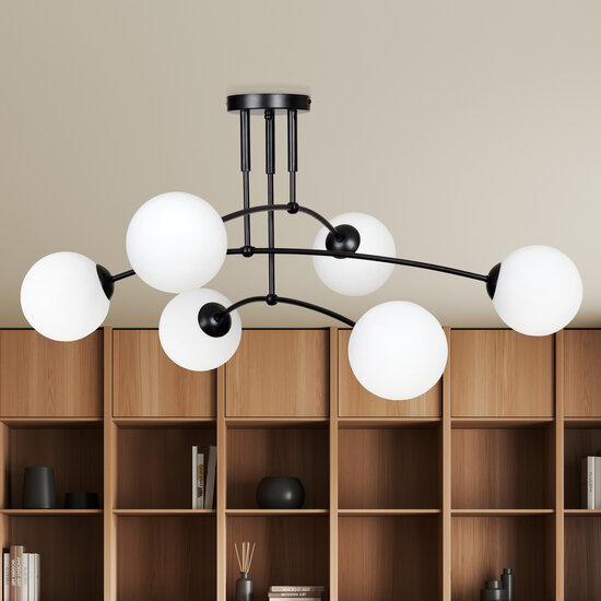 Lahti triple gebogen plafondlamp zwart met 6 x E14 wit glazen bol