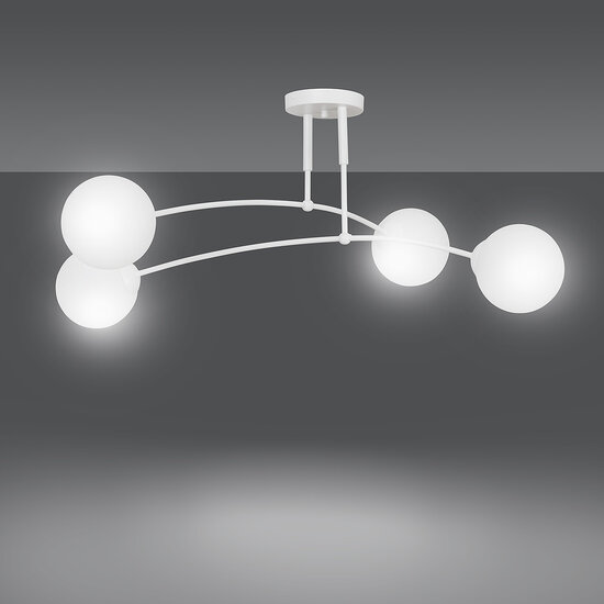 Plafonnier Lahti blanc double courbé avec 4 ampoules E14 en verre blanc