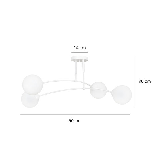 Lahti white double curved ceiling lamp with 4 x E14 white glass bulb