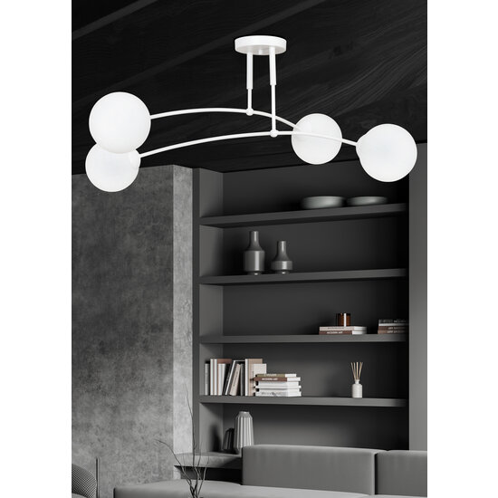 Plafonnier Lahti blanc double courbé avec 4 ampoules E14 en verre blanc