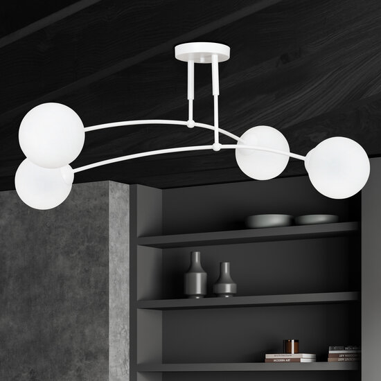 Plafonnier Lahti blanc double courbé avec 4 ampoules E14 en verre blanc