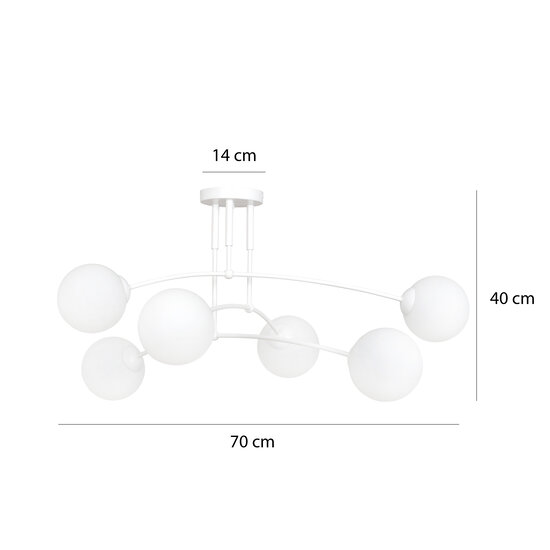 Lahti white triple curved ceiling lamp with 6 x E14 white glass bulb