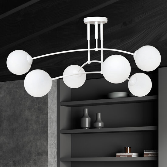 Lahti witte triple gebogen plafondlamp met 6 x E14 wit glazen bol