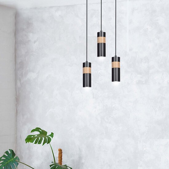 Emibig Emibig Kerava enkele zwart en houten pendellamp 1x GU10 - Perfect voor sfeervolle verlichting in uw woonkamer