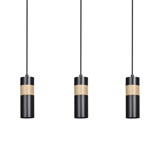 Lampe suspendue Kerava longue 3L noire et bois 3x GU10