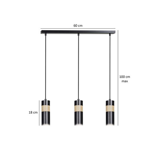 Emibig Emibig Kerava lange 3L-Hängelampe aus Schwarz und Holz, 3x GU10 - Perfekte Beleuchtung für jeden Raum