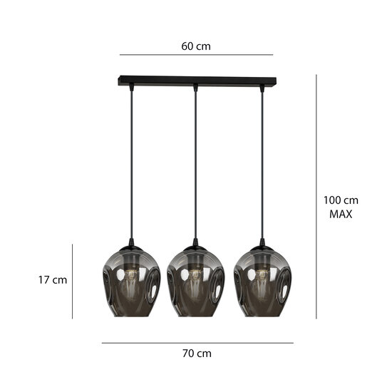 Lampe à suspension Nokia longue 3L en verre fumé 3x E27