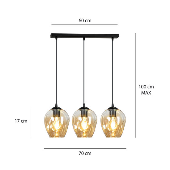 Nokia long 3L amber glass hanging lamp 3x E27